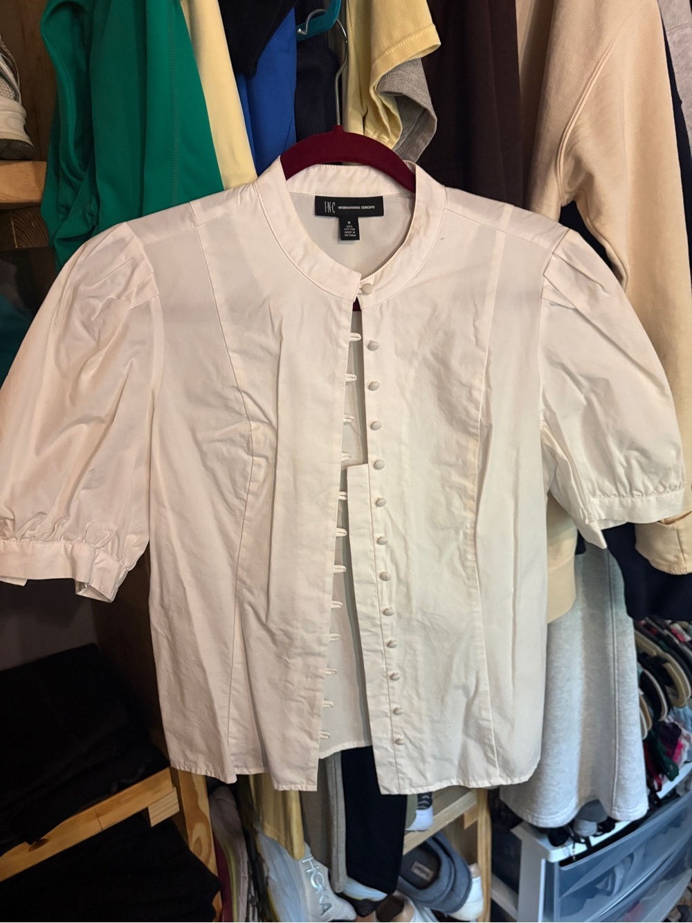 INC International Concepts White Short Puff-Sleeve Button-Front Shirt